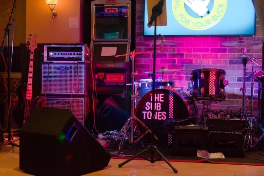 Gallien-Krueger amps and other equipment on stage at a Sub Tones band gig on October 09, 2021 in Sutton Bridge Lincolnshire UK