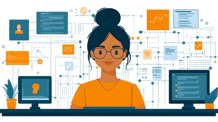 Digital dashboard with vector graphics for managing interviews and recruiting, featuring candidate tracking and evaluation tools.