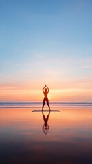 A person practicing yoga at sunrise on a quiet beach, symbolizing inner peace and well-being