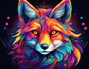 Abstract, colorful, neon fox head portrait in pop art style. AI