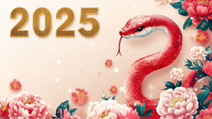 2025 Chinese Lunar Year of the Snake theme with a cute snake, peonies, chrysanthemums, Chinese lanterns, and fireworks, featuring golden '2025' and ample white space