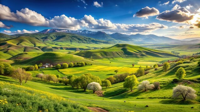 Sunny springtime panorama of beautiful countryside in Armenia, with rolling hills and a grassy field , Armenia, countryside