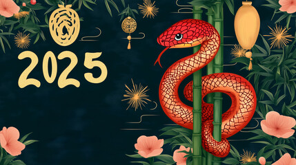 Obraz premium 2025 Chinese Lunar Year of the Snake with a red Bamboo Pit Viper coiled on green bamboo, surrounded by Plum blossoms, Bamboos, fireworks, and golden '2025' in a traditional porcelain style
