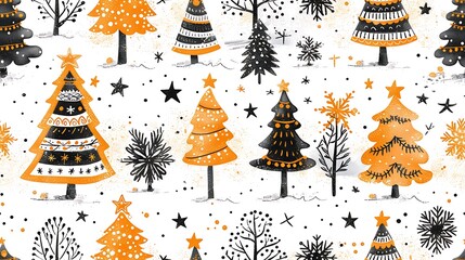 A seamless pattern of Christmas trees adorned with colorful lights, stars, and garlands, set against a soft, snowy background. The design is cheerful and bright, with a cozy holiday feel, hd quality,