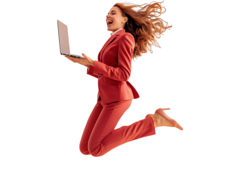 Business people jump high with high spirit with slim trendy laptop transparent background