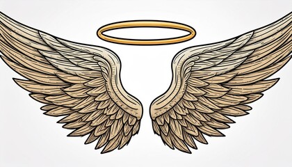 An angel wing with halo and angel lettering text set. Line sketch style wing. Simple illustration.