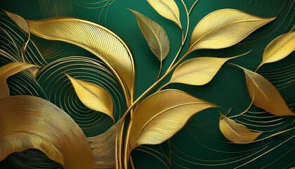 An elegant gold decoration art wallpaper. Modern art with nature. Golden leaves, plants and bamboo of curvature of the line, green background.