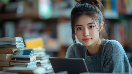 Asian female student multitasking with a laptop and smartphone, focusing on her graduation preparations at a desk cluttered with books.