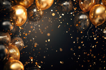 Black and gold balloons falling with confetti on a black background creating a festive scene