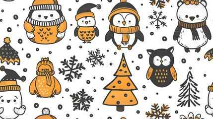 A seamless pattern of holiday animals featuring adorable polar bears, penguins, and owls, all wearing Santa hats and cozy scarves. The background includes snowflakes and pine trees,