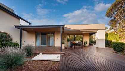Fototapeta premium An extension of a contemporary home with a deck, patio, and courtyard. Melbourne, renovation, extension, deck, patio, courtyard, outdoor, architecture, design, house, architecture.