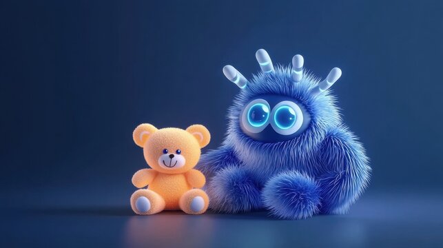 Fluffy monster with a teddy bear, soft and comforting.