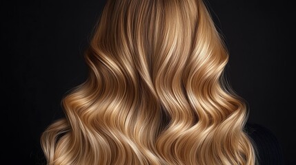 Fototapeta premium Back view of a woman with long, voluminous blonde hair, showcasing silky smooth texture