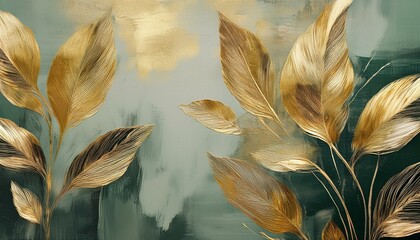 Artistic background. Retro, nostalgic, golden brushstrokes. Textured background. Oil on canvas. Modern Art. Floral leaves, green, gray, wallpaper, poster, card, mural, carpet, hanging, print....