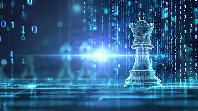 White chess king with blur graphic Binary Data computer Number network on blue dark background