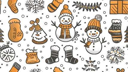 A seamless pattern of winter wonderland elements, including doodled snowflakes, mittens, ice skates, and joyful snowmen. The background has a soft, snowy texture with a gentle winter glow,