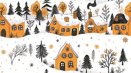 A serene snowy village in a seamless pattern, featuring tiny houses with snow-covered roofs, cozy chimneys, and pine trees.