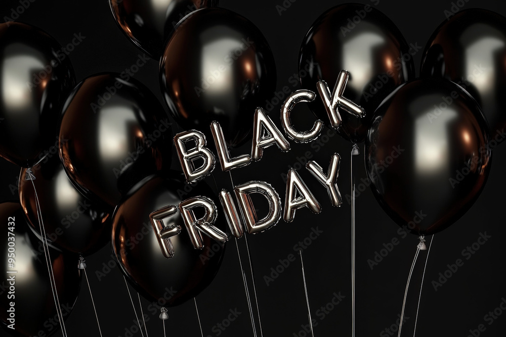 Poster black friday message made of inflatable balloons floating on dark background