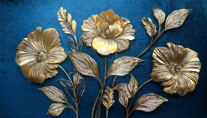 Blue and gold floral 3D wall art panels on textured background