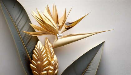 Bright white stucco surrounds a golden bird of paradise flower with golden leaves and buds.