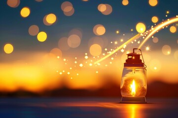 A lantern is lit in a dark room with a blue sky in the background. The lantern is the only source of light in the room
