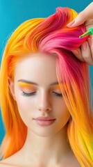 Fototapeta premium A professional stylist applying a vibrant hair dye to a client's hair in a trendy salon, with colorful products and tools visible in the background