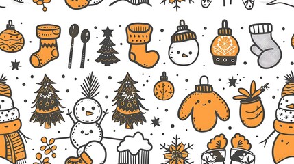 A winter wonderland scene in a seamless pattern, featuring doodled snowflakes, mittens, ice skates, and snowmen.
