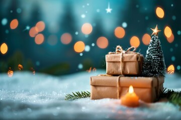A Christmas tree is lit up next to two brown boxes. The boxes are wrapped in brown paper and are placed on top of each other. The scene is set in a snowy environment, giving a cozy