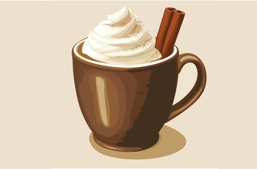 Coffee Mug with Cinnamon Stick and Whipped Cream, Flat Vector Clip Art, Isolated Design, Ideal for Cafe Menus and Recipe Books