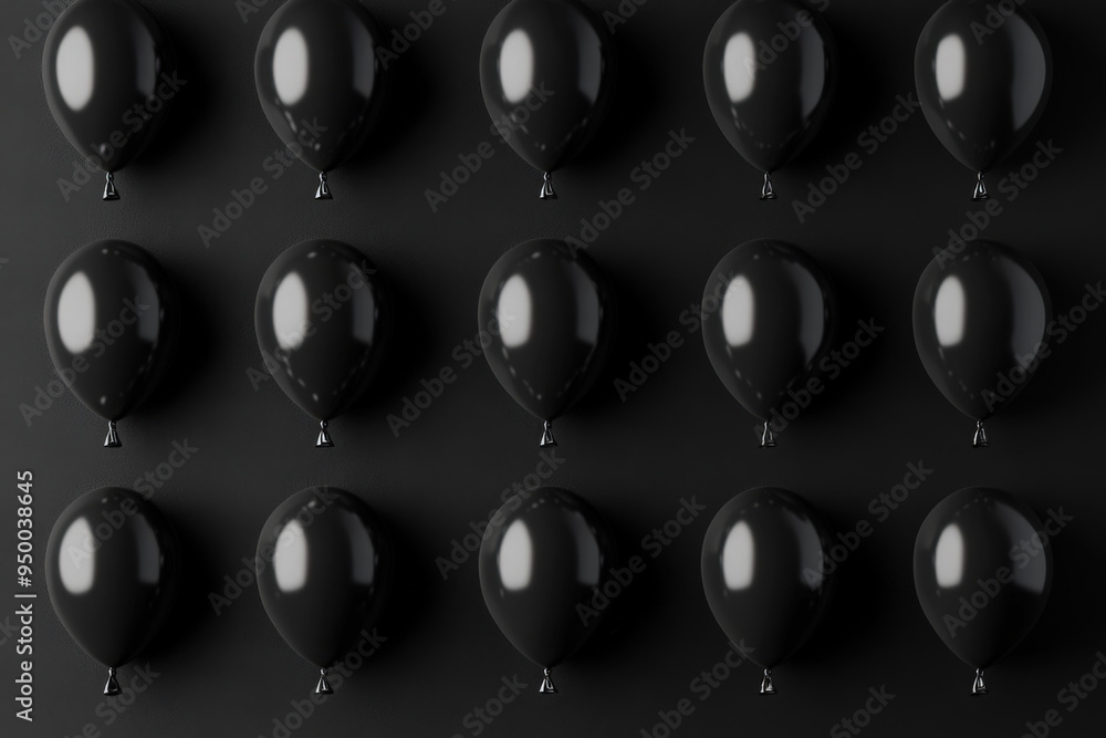 Poster black balloons forming a grid pattern over a dark background, creating a stylish and modern composit