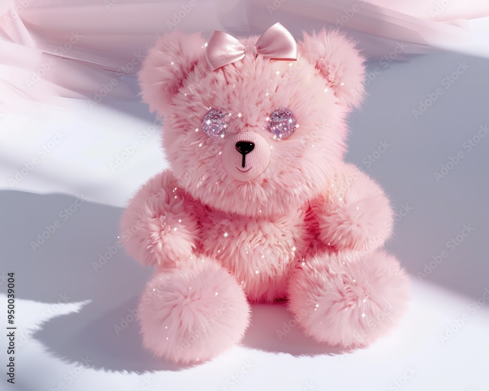 Wall mural a fluffy pink teddy bear with sparkly eyes and a big bow on its head, sitting in the center of a whi