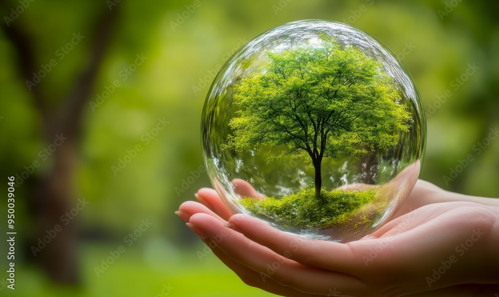 Poster an image of hands holding a crystal glass globe with a growing tree in a green forest depicts preser