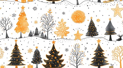 Christmas trees in various styles and sizes, decorated with sparkling lights, stars, and garlands, forming a seamless pattern. The background features gently falling snowflakes and a soft winter glow,