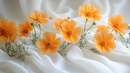 Small marigold flowers in a soft, repeating pattern on a white canvas