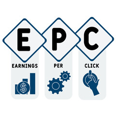 EPC - earnings per click acronym. business concept background. vector illustration concept with keywords and icons. lettering illustration with icons for web banner, flyer, landing