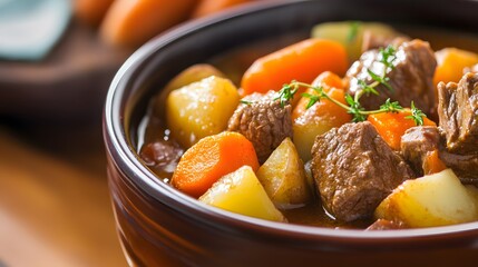 Close-up of a hearty beef stew with potatoes, carrots, and herbs.