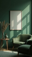  wall with lank frame poster mockup. Scandinavian boho home interior design of modern living room generative AI