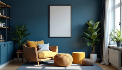  wall with lank frame poster mockup. Scandinavian boho home interior design of modern living room generative AI