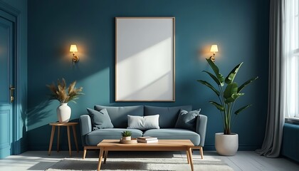  wall with lank frame poster mockup. Scandinavian boho home interior design of modern living room generative AI