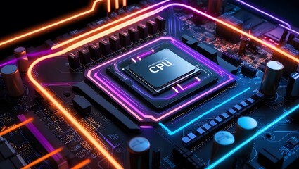 Fototapeta premium High-resolution rendering of a computer motherboard with a central CPU, glowing neon circuitry, and intricate details 