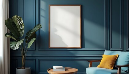  wall with lank frame poster mockup. Scandinavian boho home interior design of modern living room generative AI