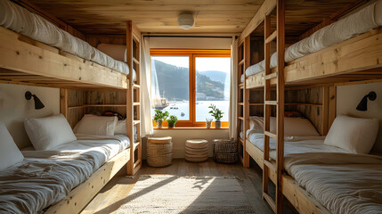Hostel accommodation featuring wooden bunk beds with white bedding, bathed in soft natural light from a window.