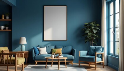  wall with lank frame poster mockup. Scandinavian boho home interior design of modern living room generative AI