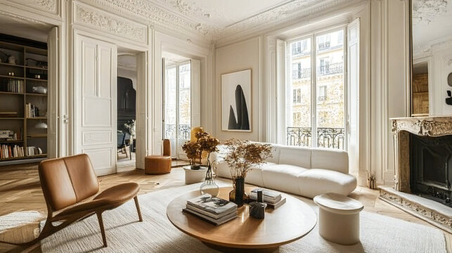 home interior design of modern living room in parisian apartment