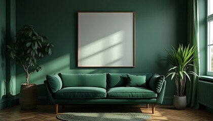  wall with lank frame poster mockup. Scandinavian boho home interior design of modern living room generative AI