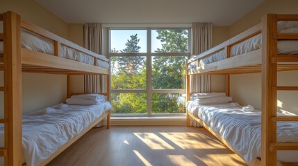 Comfortable hostel room with wooden bunk beds, white linens, and ample natural light from a large window.