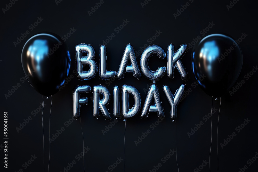 Poster black friday message made of inflatable balloons floating on a dark background