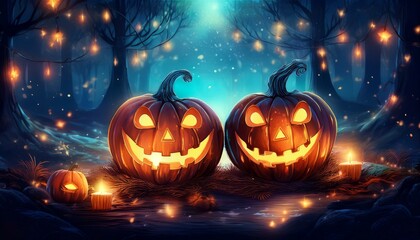 Obraz premium Enchanted Halloween Night Two glowing jack-o'-lanterns with mischievous grins sit in a mystical forest, bathed in the ethereal glow of fireworks and fairy lights, creating a captivating scene.