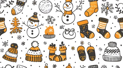 Snowflakes, mittens, ice skates, and snowmen in a seamless pattern, all drawn in a playful, doodle style. The background is a snowy wonderland with a frosty atmosphere and softly falling snow,