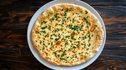 Delicious white pizza with melted cheese and chives is served on a white plate over a rustic wooden table